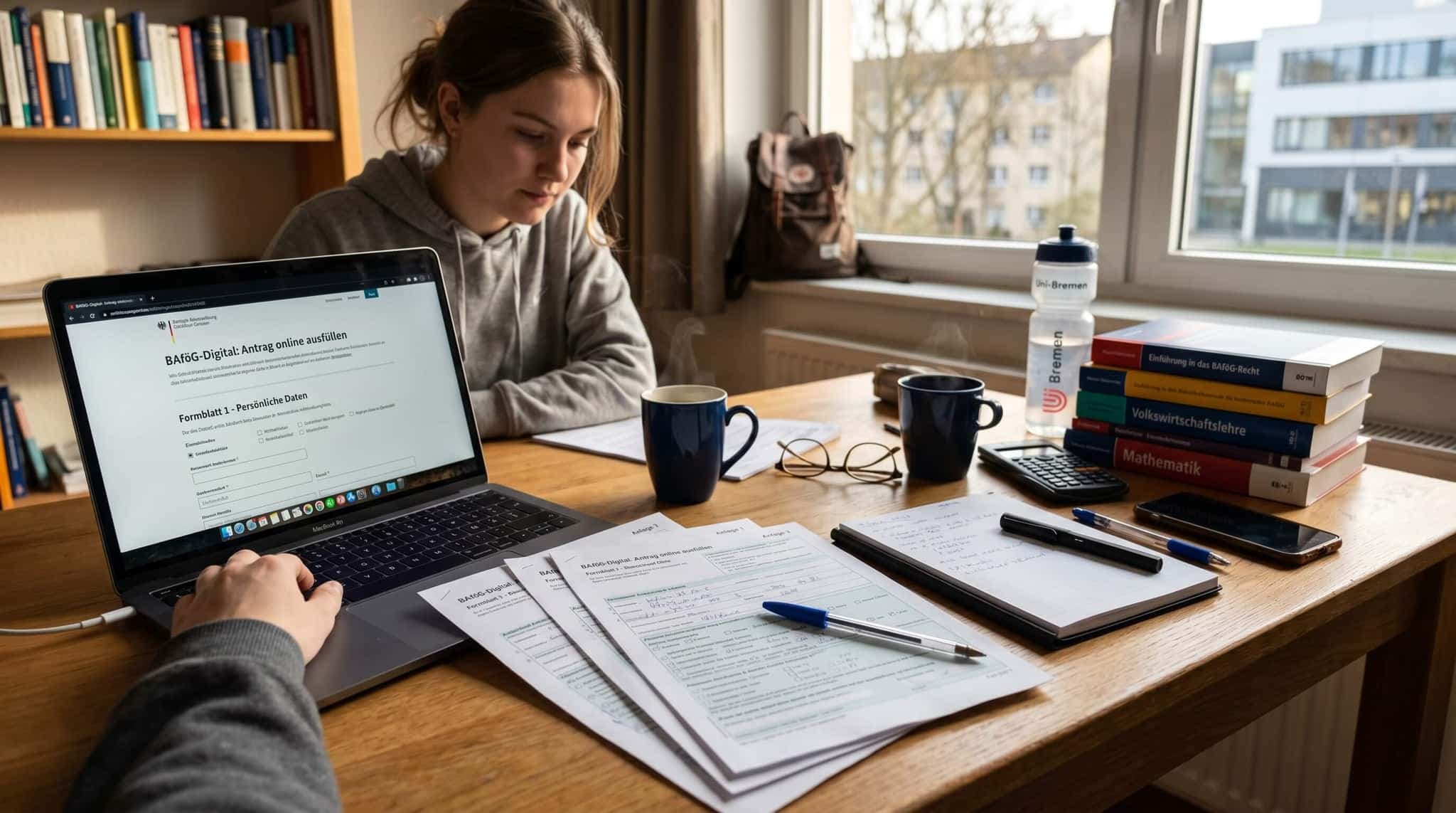 Studentenschreibtisch mit BAföG-Antragsformularen, Laptop mit Online-Portal und Büchern